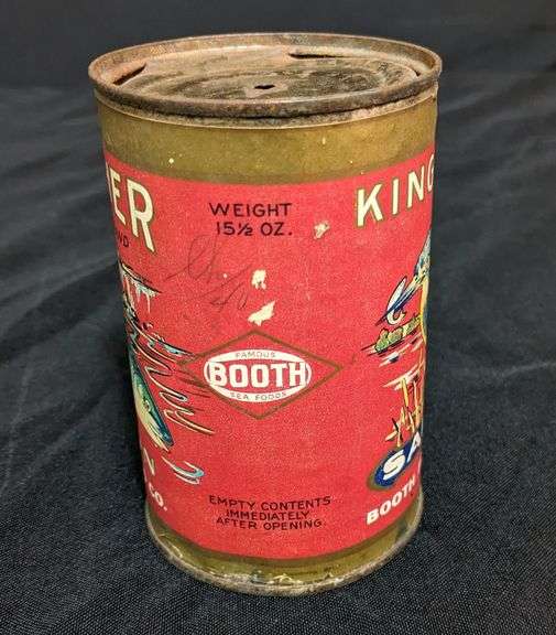 15 1/2 OZ PAPER LABEL TIN CAN KINGFISHER BRAND ALASKA SALMON BOOTH FISHERIES CHICAGO