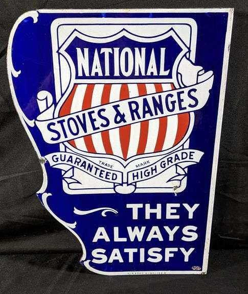PORCELAIN FLANGE SIGN NATIONAL STOVES & RANGES QUINCY ILLINOIS