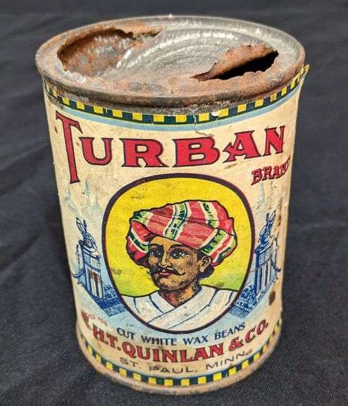 1# 3OZ PAPER LABEL TIN CAN TURBAN BRAND WHITE WAX BEANS HT QUINLAN CO ST PAUL MN