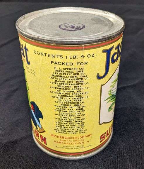 1# 4OZ PAPER LABEL TIN CAN JACK SPRAT SUGAR CORN WESTERN GROCERS MARSHALLTOWN IA