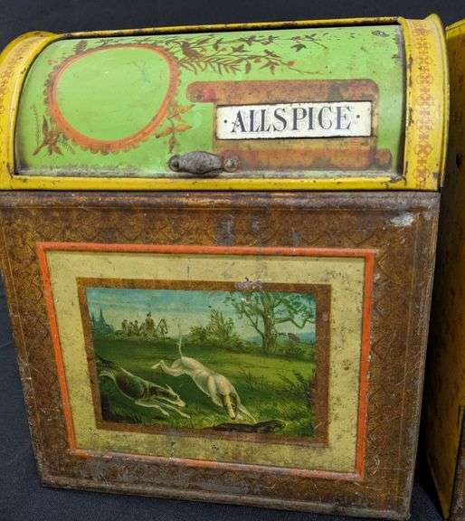 SET OF 3 EARLY TIN LITHO COUNTRY STORE SPICE BINS AMERICAN CAN CO CINNAMON MUSTARD ALLSPICE