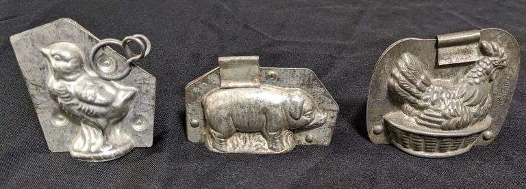 3 ANTIQUE CHOCOLATE MOLDS CHICK HEN CHICKEN SWINE PIG HOG