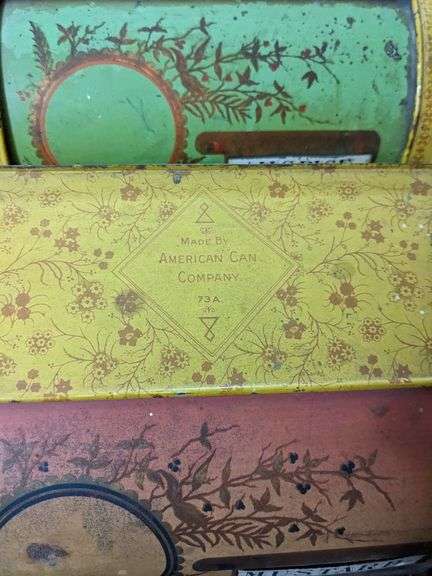 SET OF 3 EARLY TIN LITHO COUNTRY STORE SPICE BINS AMERICAN CAN CO CINNAMON MUSTARD ALLSPICE
