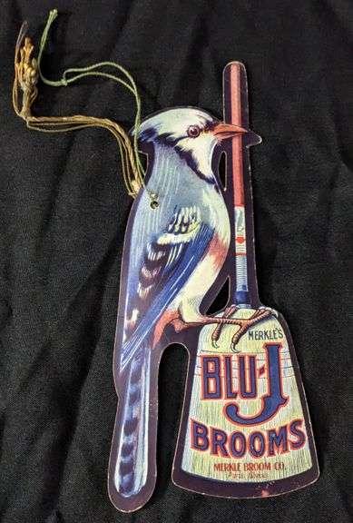 2 SIDED CARDSTOCK FAN PULL SIGN MERKLE'S BLU-J BROOMS PARIS ILLINOIS