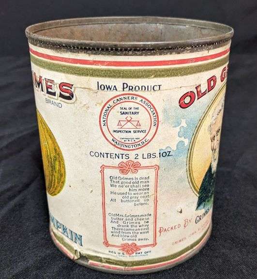 2# 1OZ PAPER LABEL TIN CAN OLD GRIMES GOLDEN PUMPKIN GRIMES IOWA