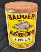 CARDBOARD 1# CONTAINER BADGER BRAND ROASTED COFFEE TINDALL KOLBE MCDOWELL MILWAUKEE WI