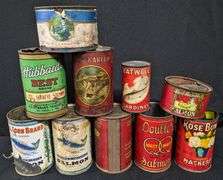 10 ASSORTED ANTIQUE PAPER LABEL TIN CANS SALMON MACKERAL SARDINES