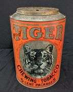 TIN COUNTRY STORE TIN BIN TIGER CHEWING TOBACCO 5¢ PACKAGES