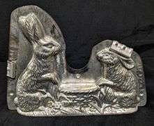 ANTIQUE CHOCOLATE MOLD EASTER BUNNY RABBITS WITH BASKET ANTON REICHE DRESDEN