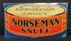 EMBOSSED TIN SIGN NORSEMAN SNUFF
