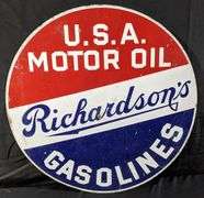 PORCELAIN SIGN USA MOTOR OIL RICHARDSON'S GASOLINES (QUINCY ILLINOIS)