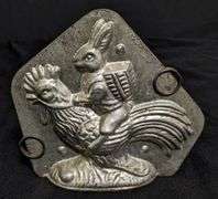 ANTIQUE CHOCOLATE MOLD EASTER BUNNY RABBIT RIDING CHICKEN ROOSTER