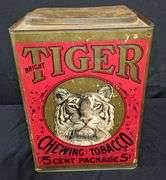 CARDBOARD TIN BIN BRIGHT TIGER CHEWING TOBACCO 5¢ PACKAGES P LORILLARD JERSEY CITY NJ