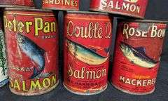 10 ASSORTED ANTIQUE PAPER LABEL TIN CANS SALMON MACKERAL SARDINES