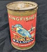 15 1/2 OZ PAPER LABEL TIN CAN KINGFISHER ALASKA CHINOOK SALMON BOOTH FISHERIES CHICAGO