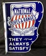 PORCELAIN FLANGE SIGN NATIONAL STOVES & RANGES QUINCY ILLINOIS