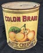 30 OZ PAPER LABEL TIN CAN WHITE CHERRIES COLON BRAND EAU CLAIRE GROCER CO WISCONSIN