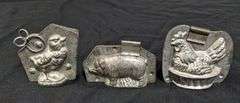 3 ANTIQUE CHOCOLATE MOLDS CHICK HEN CHICKEN SWINE PIG HOG