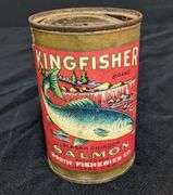 15 1/2 OZ PAPER LABEL TIN CAN KINGFISHER BRAND ALASKA SALMON BOOTH FISHERIES CHICAGO