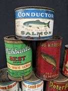 10 ASSORTED ANTIQUE PAPER LABEL TIN CANS SALMON MACKERAL SARDINES
