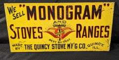 TIN FLANGE SIGN WE SELL MONOGRAM STOVES & RANGES QUINCY ILLINOIS