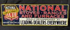 EMBOSSED TIN SIGN NATIONAL STOVES & RANGES QUINCY ILLINOIS