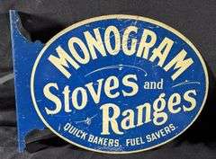 TIN FLANGE SIGN MONOGRAM STOVES & RANGES (QUINCY ILLINOIS)