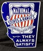 PORCELAIN FLANGE SIGN NATIONAL STOVES & RANGES QUINCY ILLINOIS
