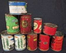 10 ASSORTED ANTIQUE PAPER LABEL TIN CANS SALMON MACKERAL SARDINES