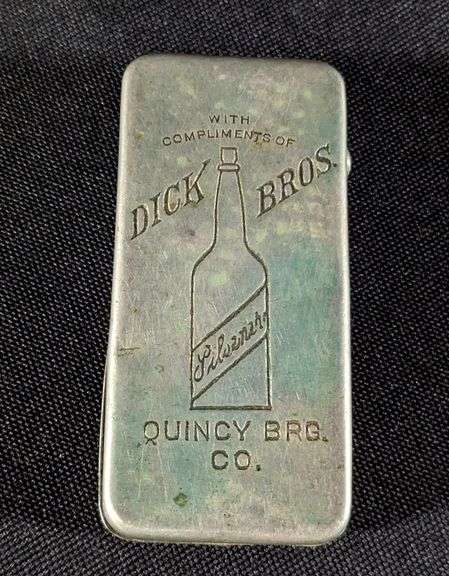 PRE PRO POCKET MATCH SAFE DICK BROS QUINCY LAGER & PILSNER BEER ILLINOIS