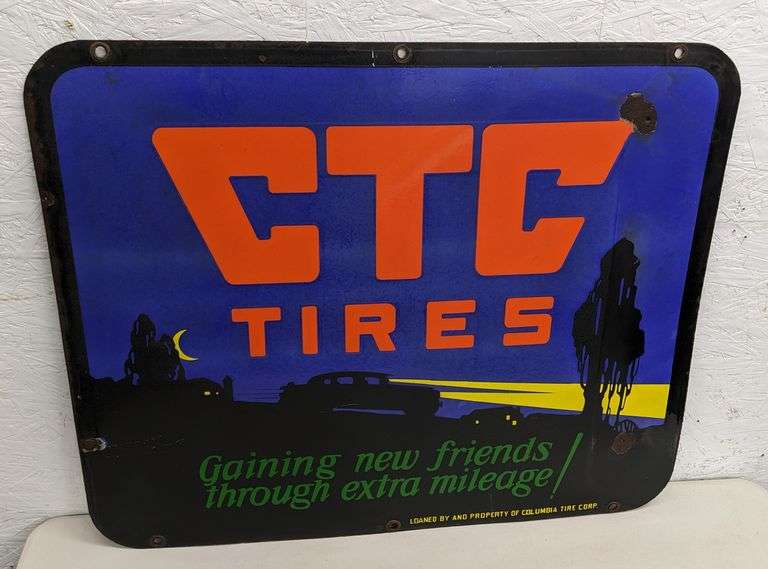 PORCELAIN SIGN CTC TIRES COLUMBIA TIRE CORP (PORTLAND OREGON) (2 SIDED)