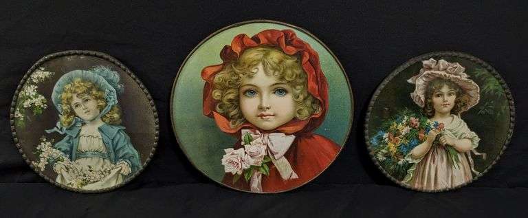 3 ANTIQUE VICTORIAN CHIMNEY FLUE COVERS RED RIDING HOOD & YOUNG GIRLS