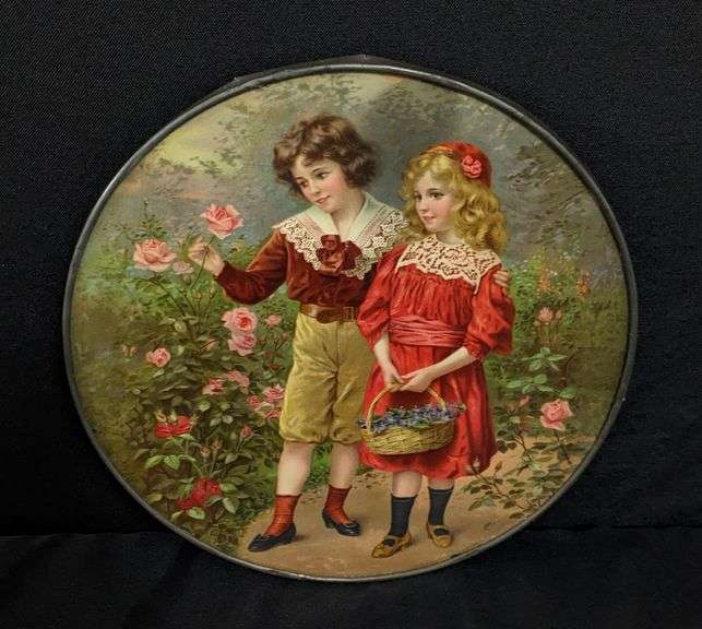 ANTIQUE VICTORIAN CHIMNEY FLUE COVER YOUNG BOY & GIRL PICKING FLOWERS