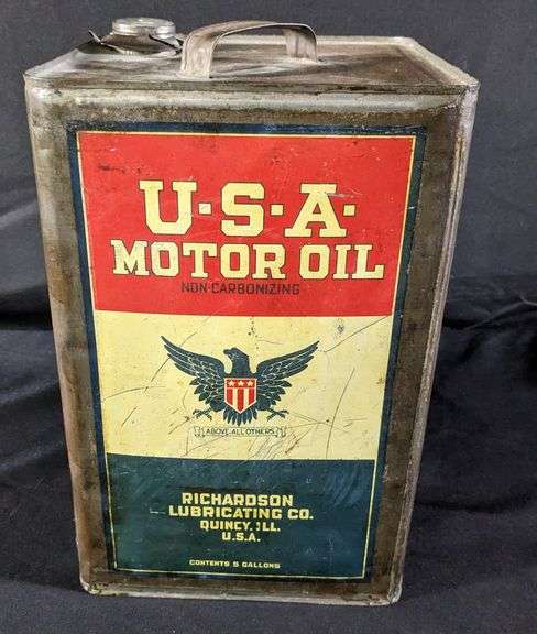 5 GAL OIL CAN USA MOTOR OIL RICHARDSON LUBRICATION CO QUINCY ILLINOIS
