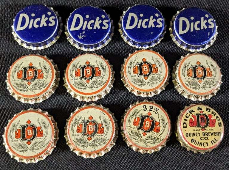 12 CORK LINED BEER BOTTLE CAPS CROWNS DICK BROTHERS BREWING QUINCY ILLINOIS