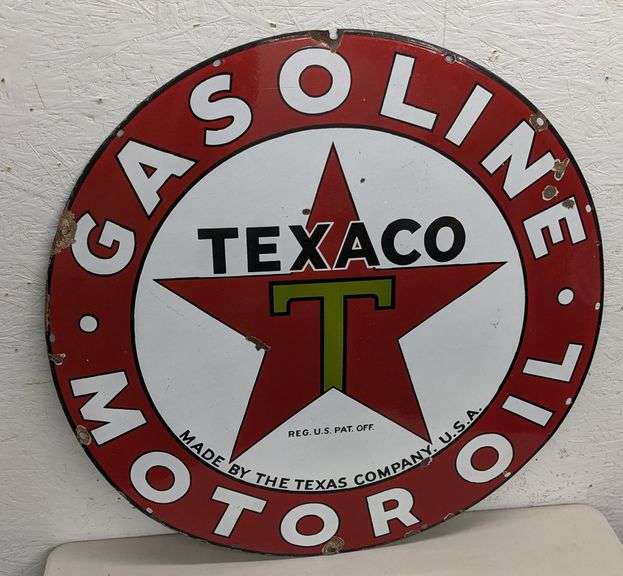 PORCELAIN SIGN TEXACO GASOLINE MOTOR OIL - Millers Auction Co.
