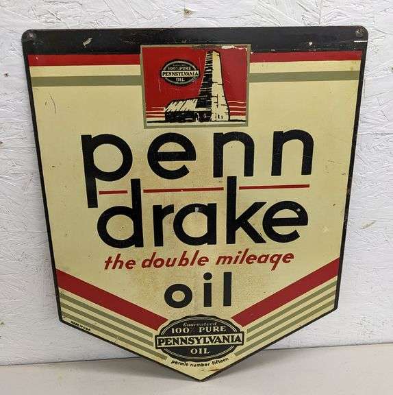 TIN SIGN PENN DRAKE THE DOUBLE MILEAGE OIL (2 SIDED)