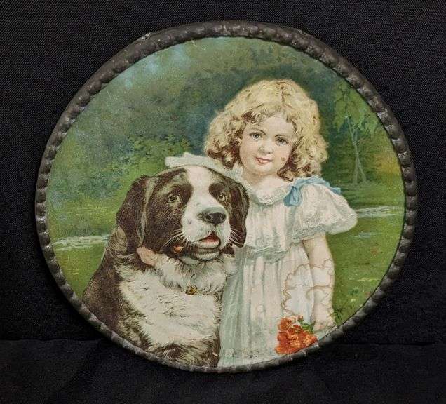 ANTIQUE VICTORIAN CHIMNEY FLUE COVER YOUNG GIRL WITH FRIENDLY LOOKING DOG