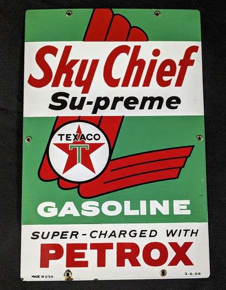 1959 PORCELAIN GAS PUMP SIGN TEXACO SKY CHIEF SU-PREME WITH PETROX GASOLINE