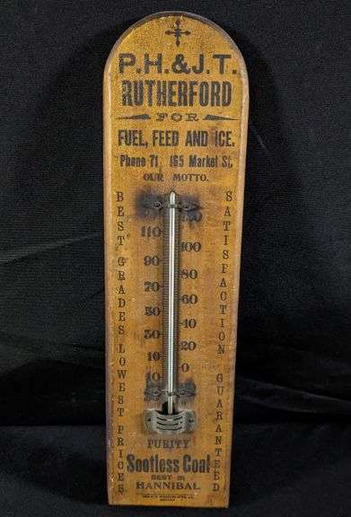 WOOD THERMOMETER P.H. & J.T. RUTHERFORD COAL FEED ICE HANNIBAL MISSOURI