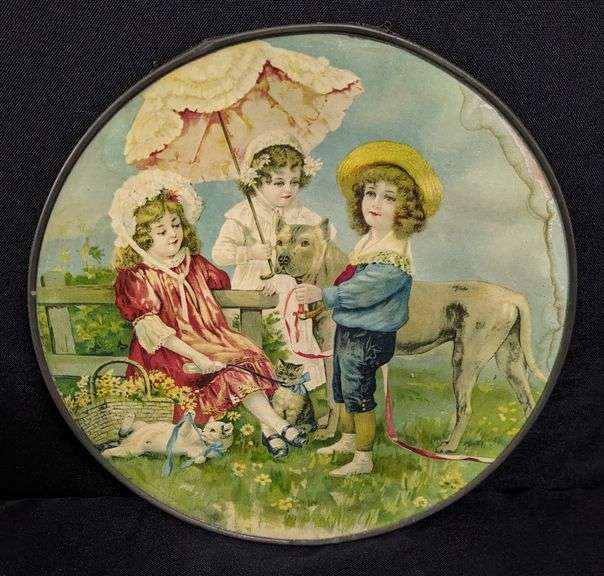 ANTIQUE VICTORIAN CHIMNEY FLUE COVER YOUNG BOY & GIRLS WITH CATS & DOG PARASOL