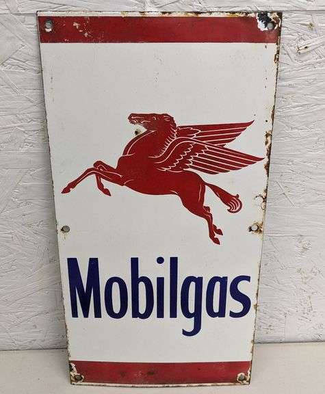 PORCELAIN MOBIL GAS PUMP SIGN MOBILGAS GASOLINE - Millers Auction Co.