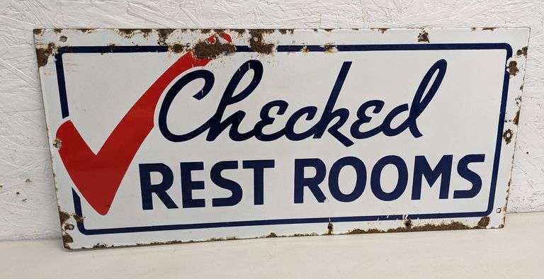 PORCELAIN SIGN "CHEVRON" CHECKED REST ROOMS (2 SIDED)