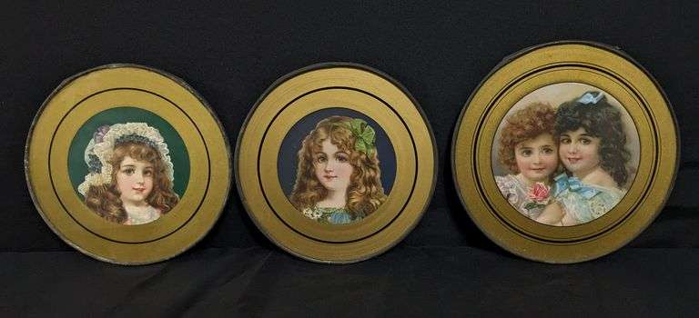 3 ANTIQUE VICTORIAN CHIMNEY FLUE COVERS YOUNG GIRLS