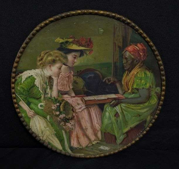 ANTIQUE VICTORIAN CHIMNEY FLUE COVER OLDER AFRICAN AMERICAN WOMAN & 2 YOUNG LADIES PLAYING CARDS