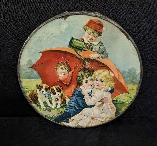 ANTIQUE VICTORIAN CHIMNEY FLUE COVER BOYS & GIRLS AND PUPPIES PARASOL SPRINKLING CAN