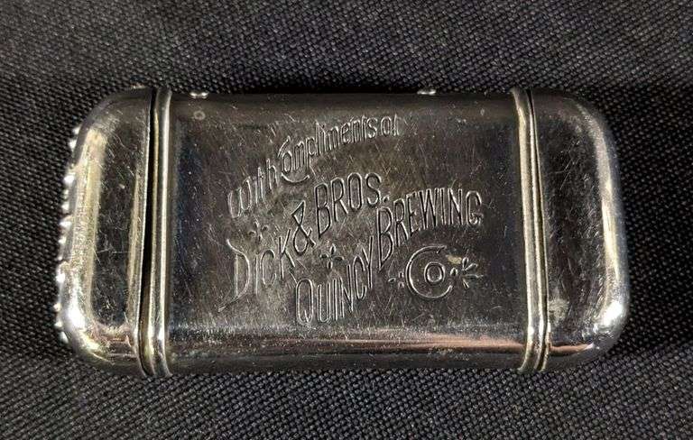 PRE PRO BRASS POCKET MATCH SAFE DICK & BROS BEER QUINCY BREWING CO ILLINOIS