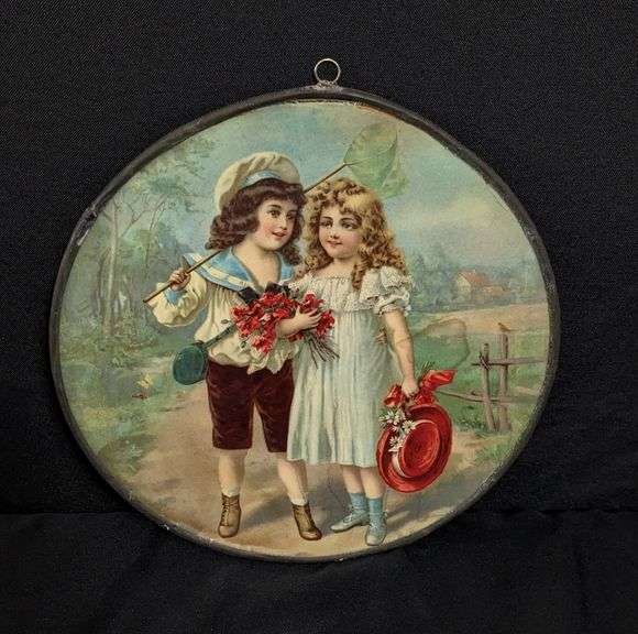 ANTIQUE VICTORIAN CHIMNEY FLUE COVER YOUNG BOY WITH BUTTERFLY NET & GIRL WITH FRESH PICKED FLOWERS