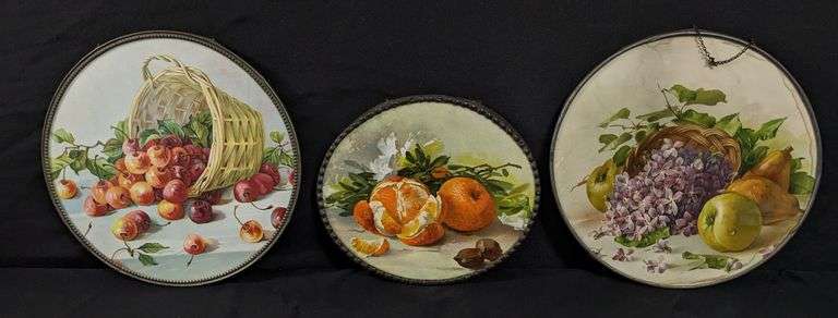 3 ANTIQUE VICTORIAN CHIMNEY FLUE COVERS FRUIT & BASKETS