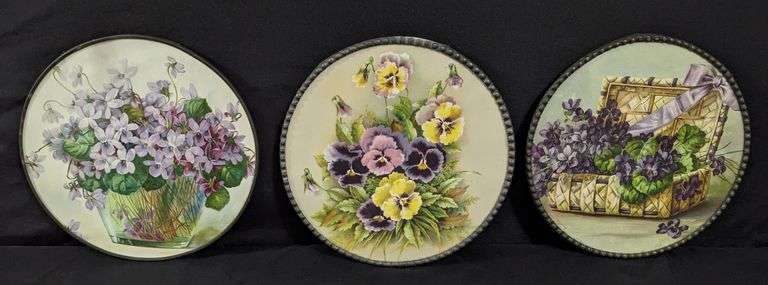 3 ANTIQUE VICTORIAN CHIMNEY FLUE COVERS PURPLE FLOWERS